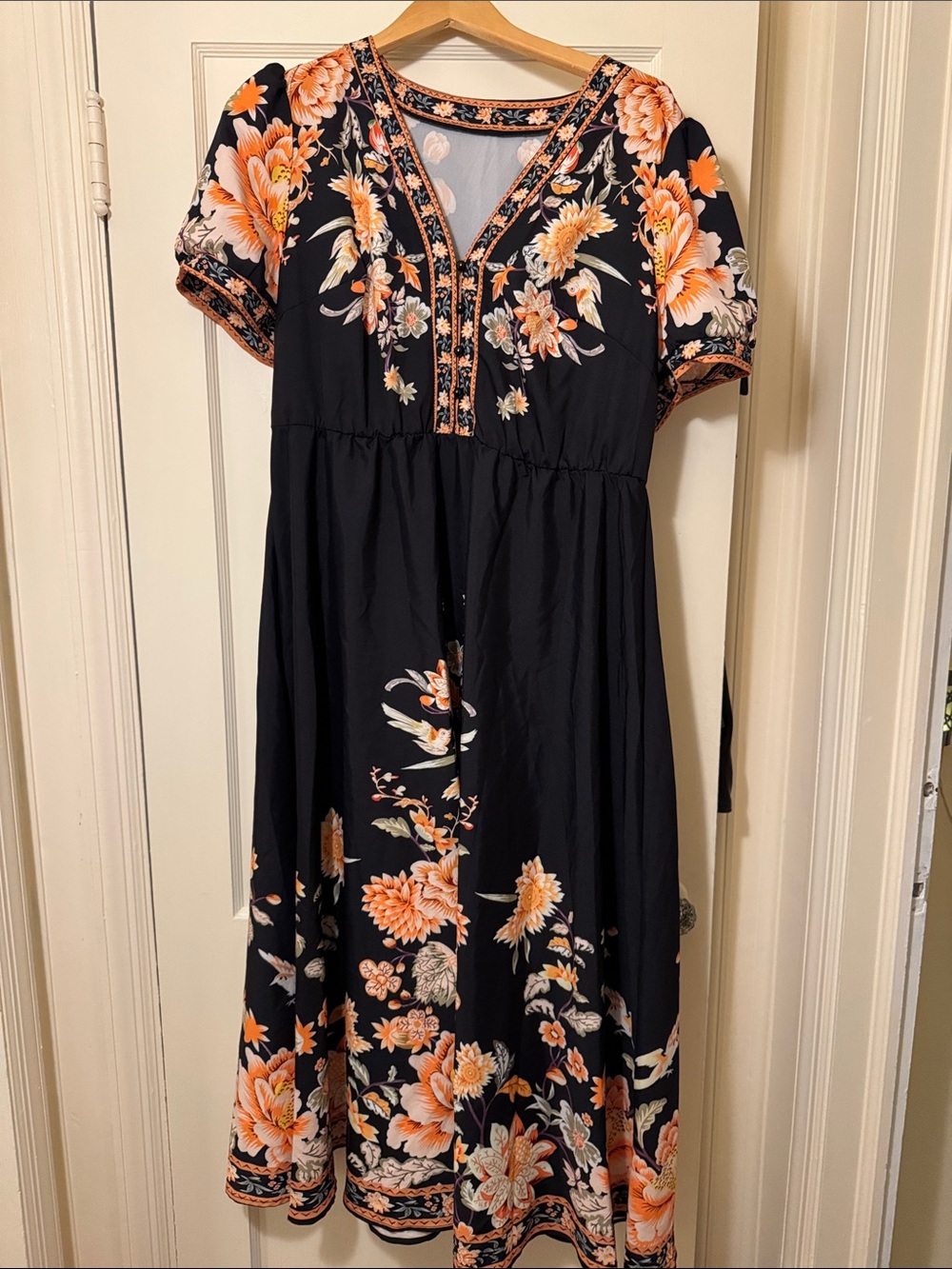 SHEIN Black Midi Dress with Orange and Cream Floral Print